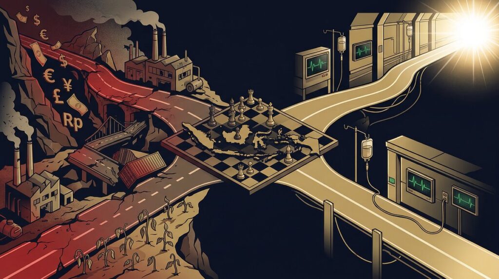 Infografis: dua jalur besar — menolak dengan risiko sepsis ekonomi, atau menerima dengan biaya politis