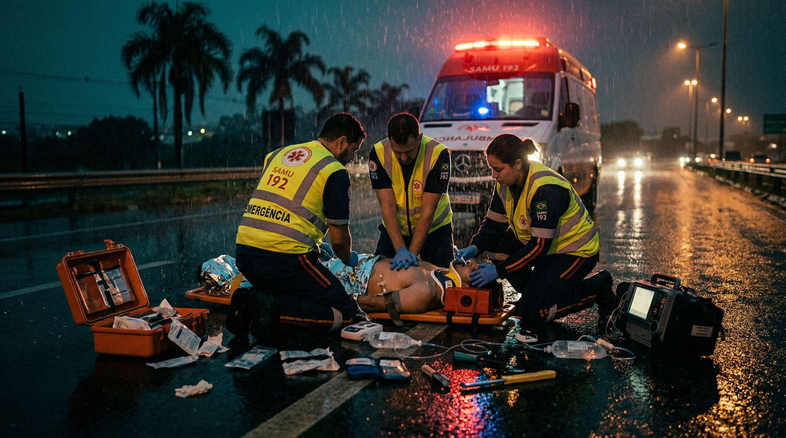 Tim prahospital SAMU Brasil melakukan resusitasi di jalan