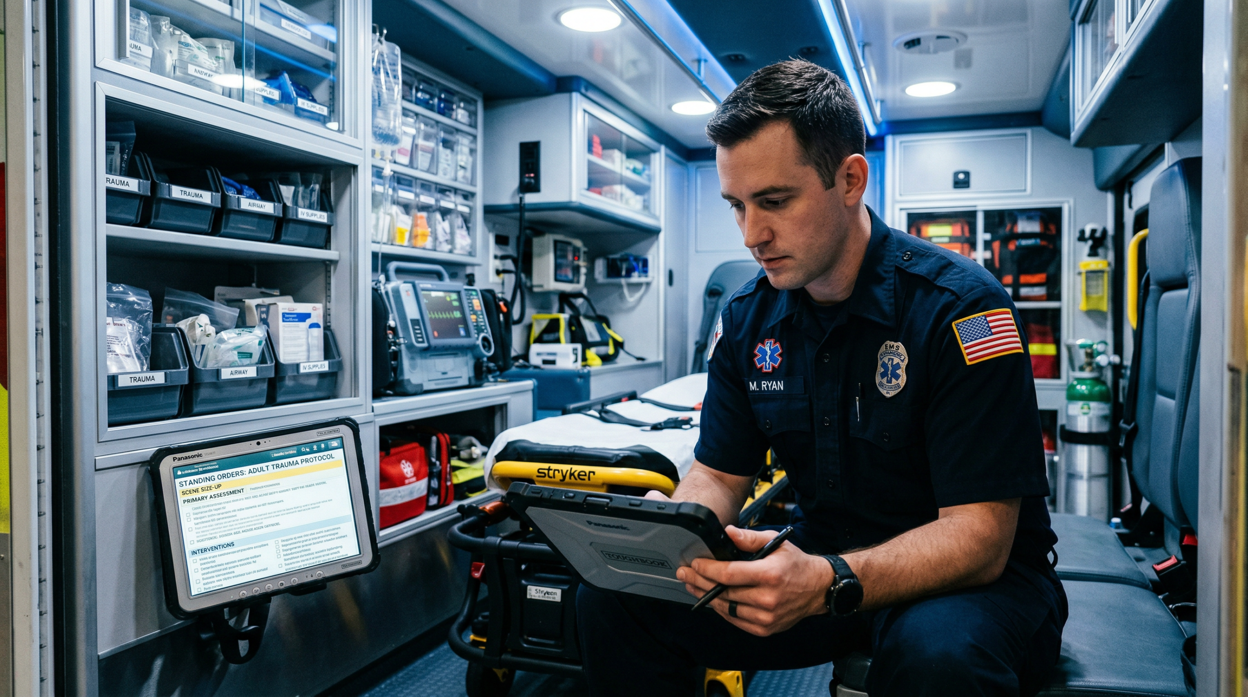 Paramedis Amerika membaca protokol standing orders di tablet
