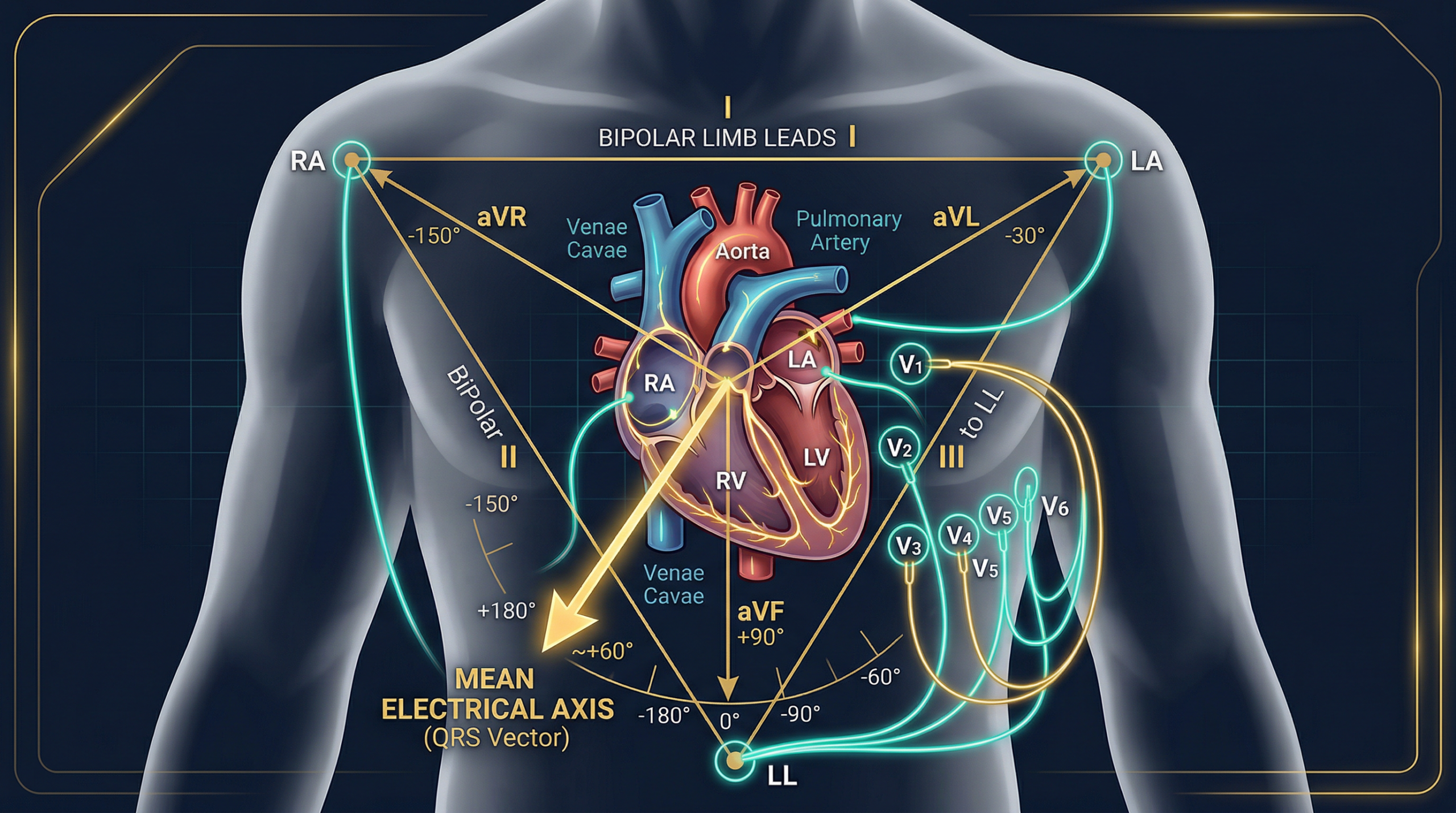 Ilustrasi anatomi jantung dengan 12 lead ECG yang memperlihatkan bidang frontal dan horizontal
