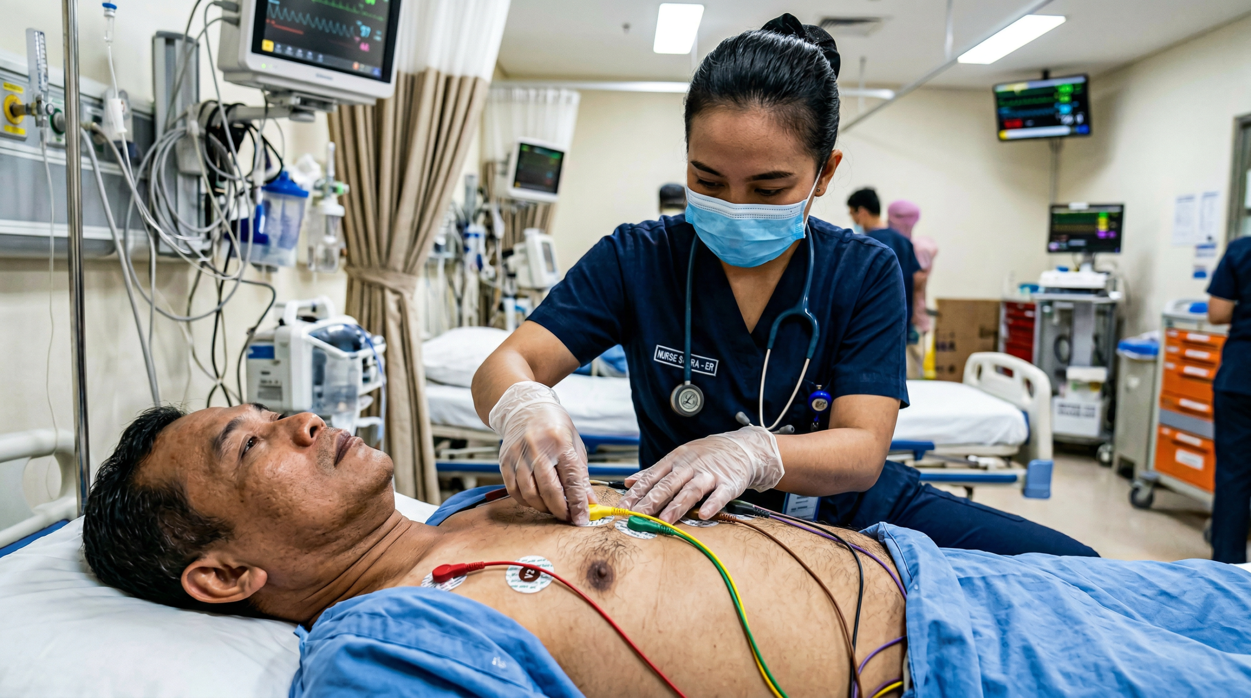 Perawat sedang menempatkan lead ECG pada dada pasien dengan posisi yang tepat