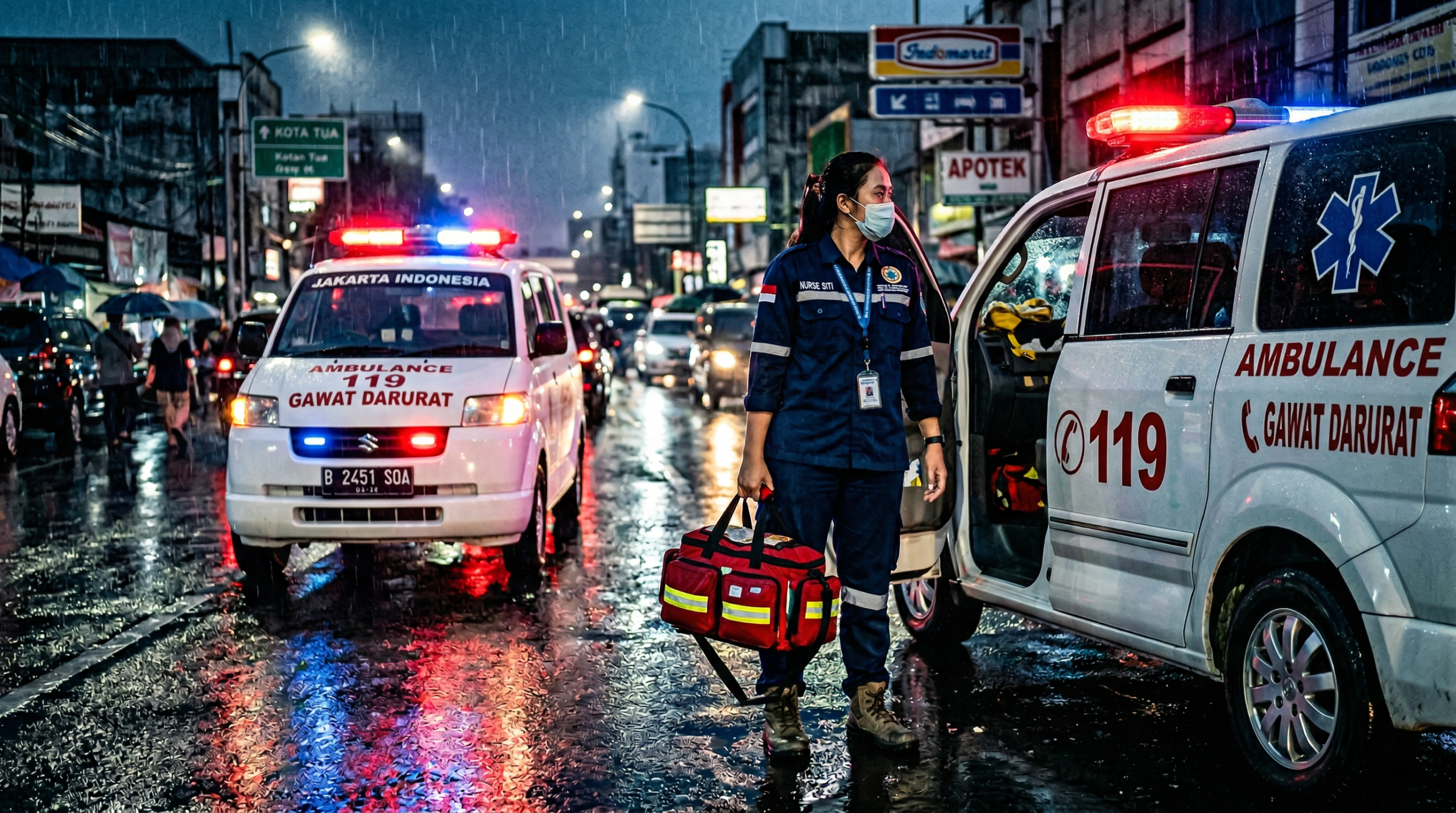 Perawat gawat darurat Indonesia di samping ambulans
