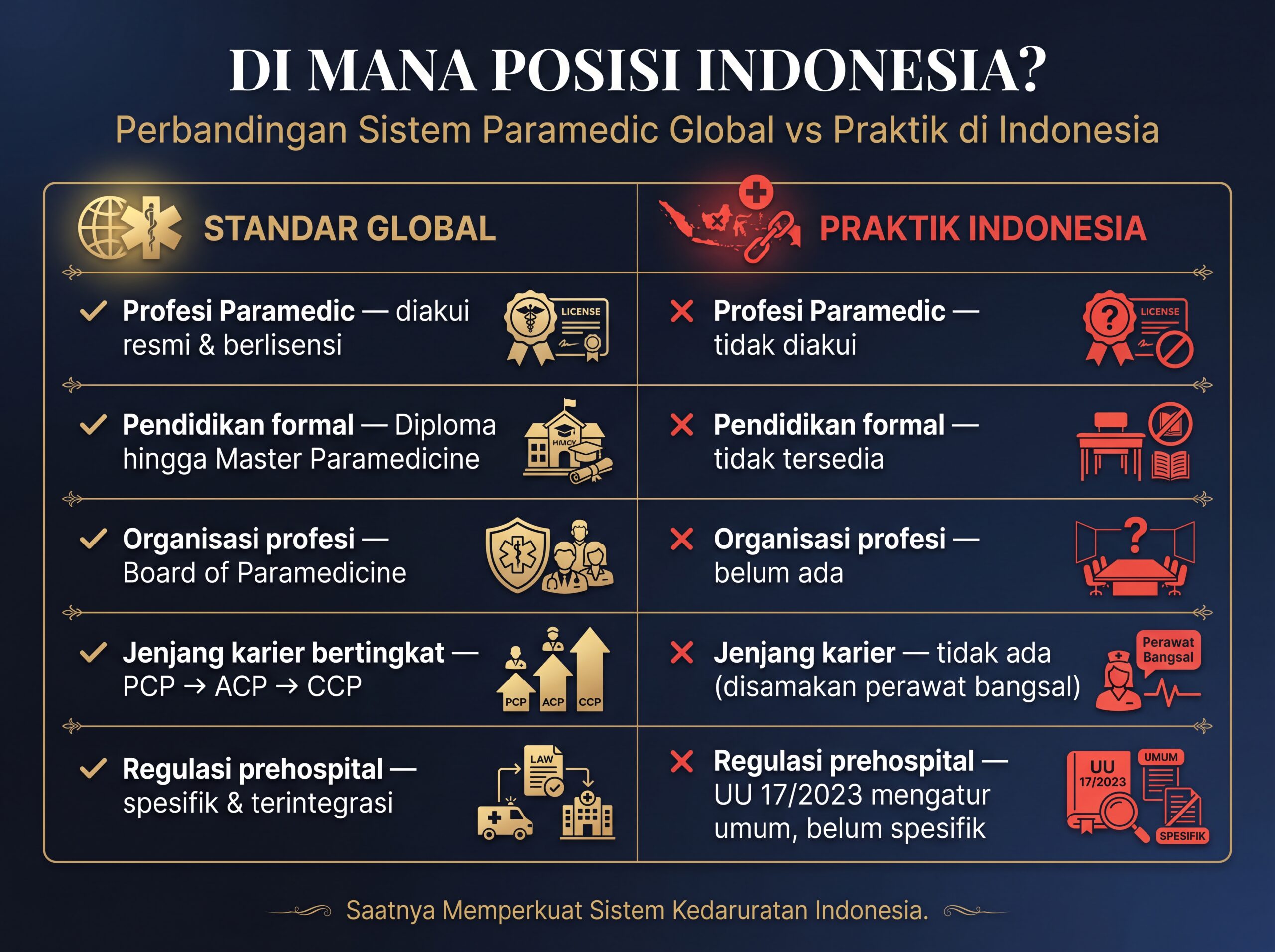 Infografik perbandingan sistem paramedic global versus praktik di Indonesia