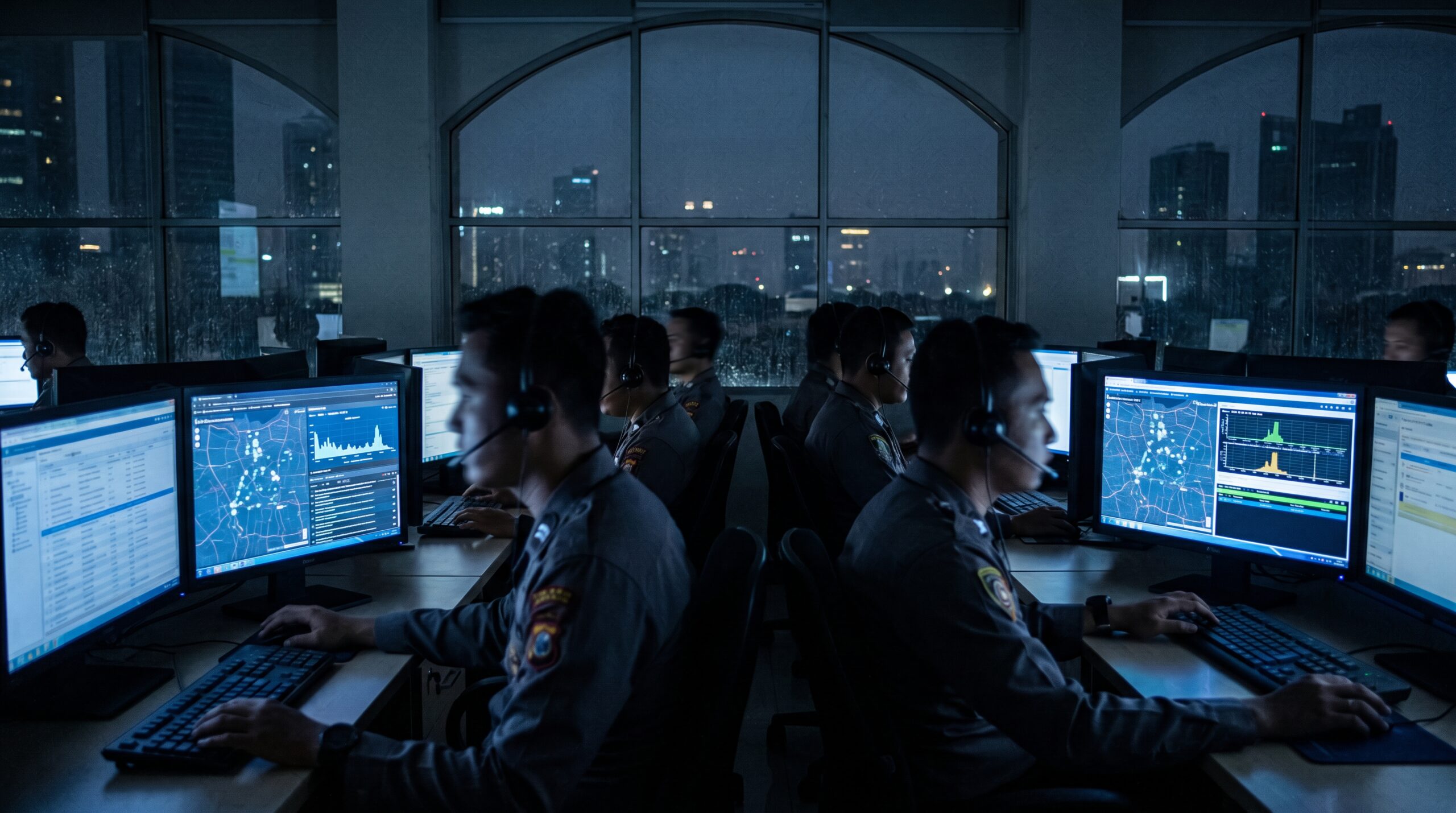 Ruang command center 119 dengan operator memantau layar dispatch ambulans