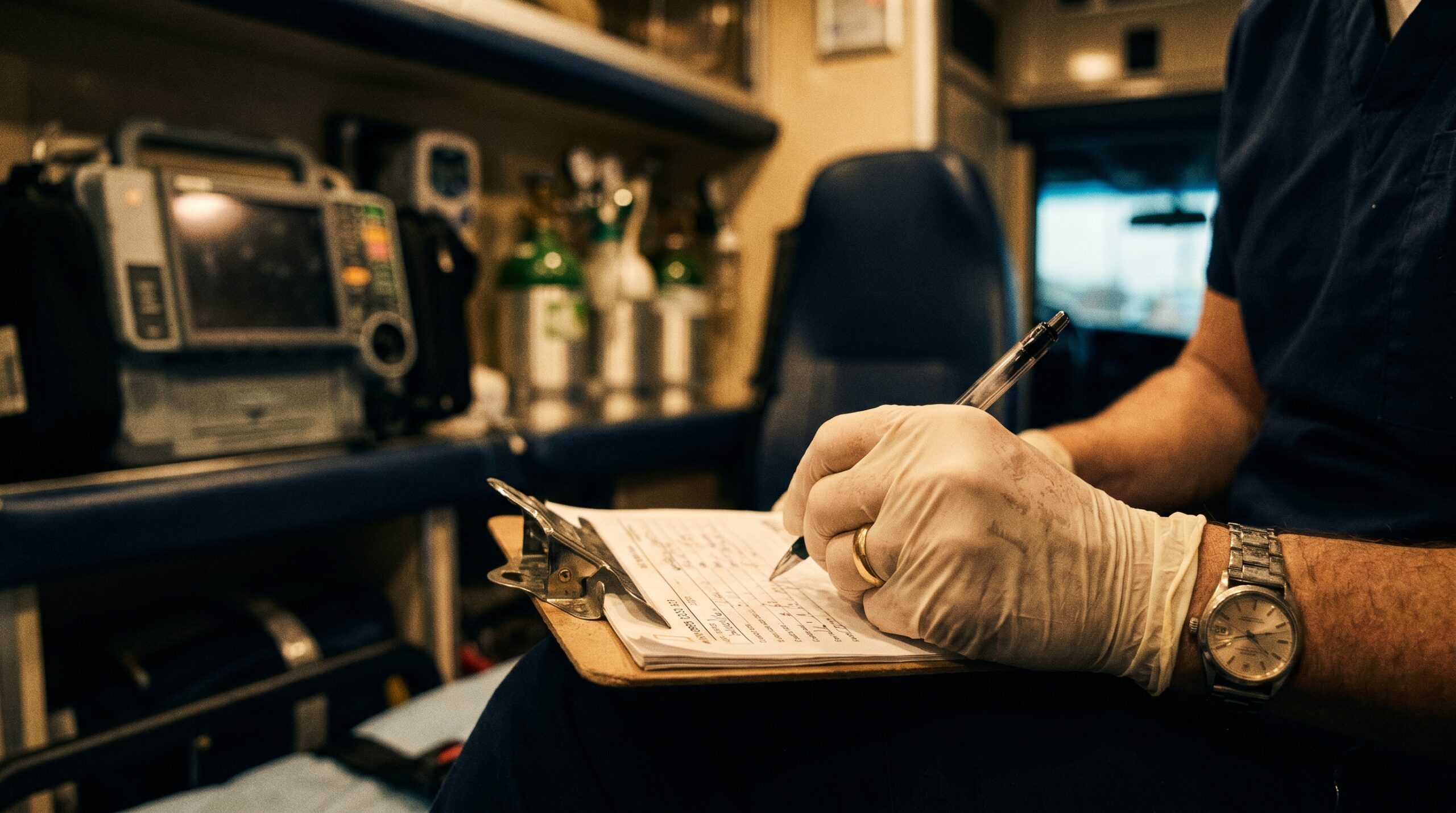 Tangan perawat sedang menulis di clipboard di dalam ambulans