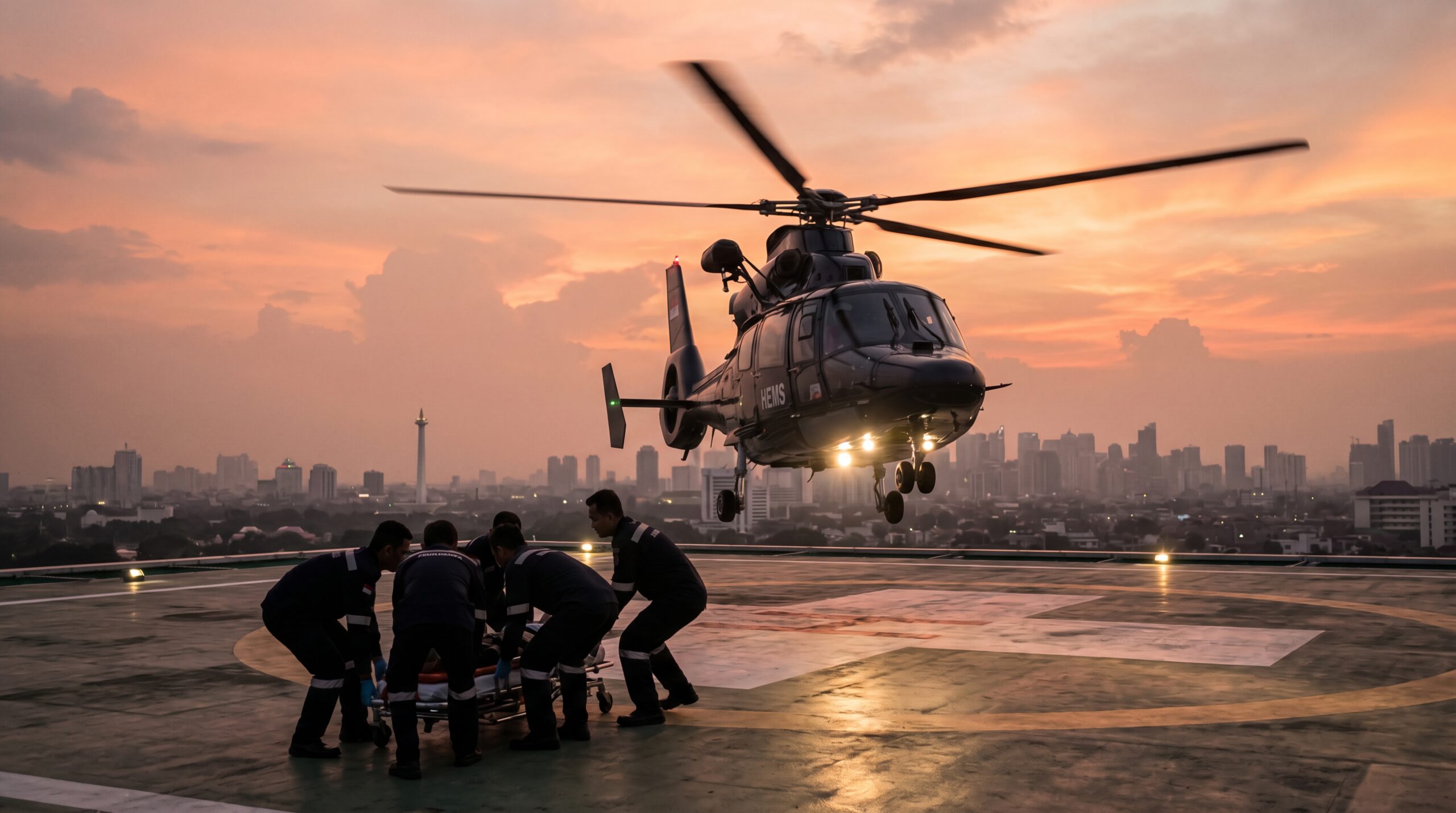 Helikopter HEMS mendarat di helipad rumah sakit saat senja