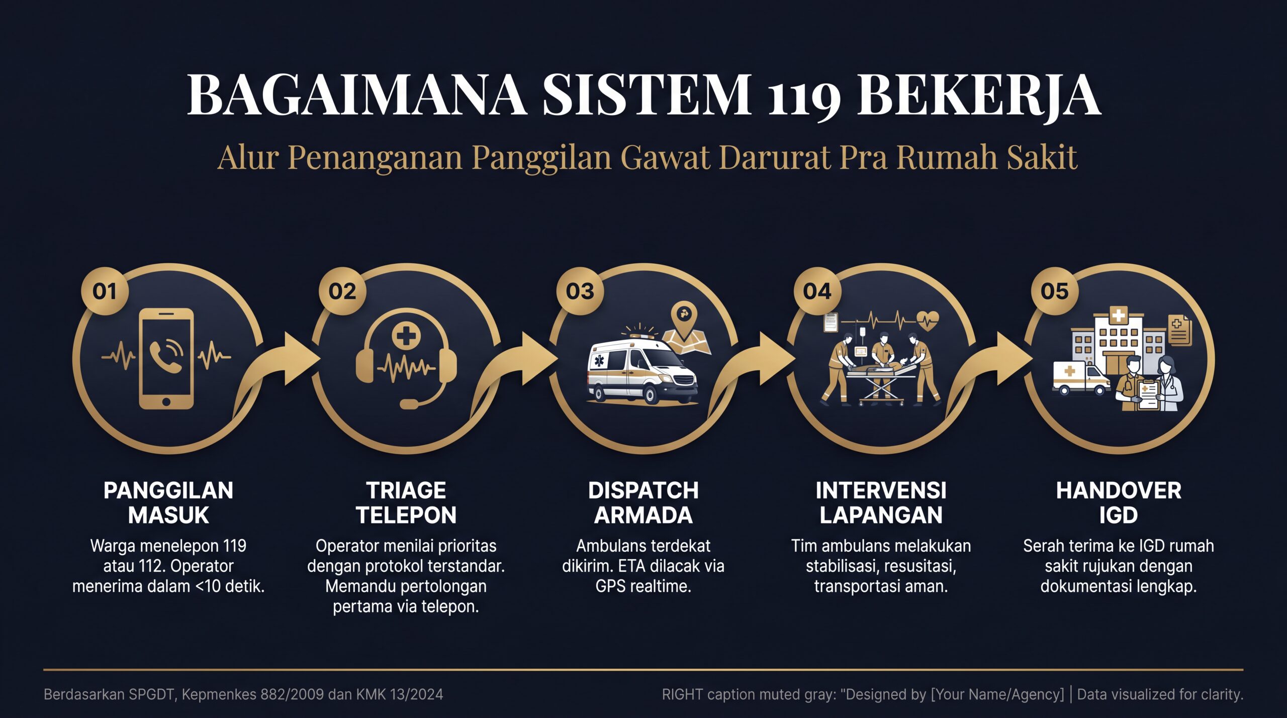 Infografik alur kerja sistem 119: panggilan, triage, dispatch, intervensi, handover