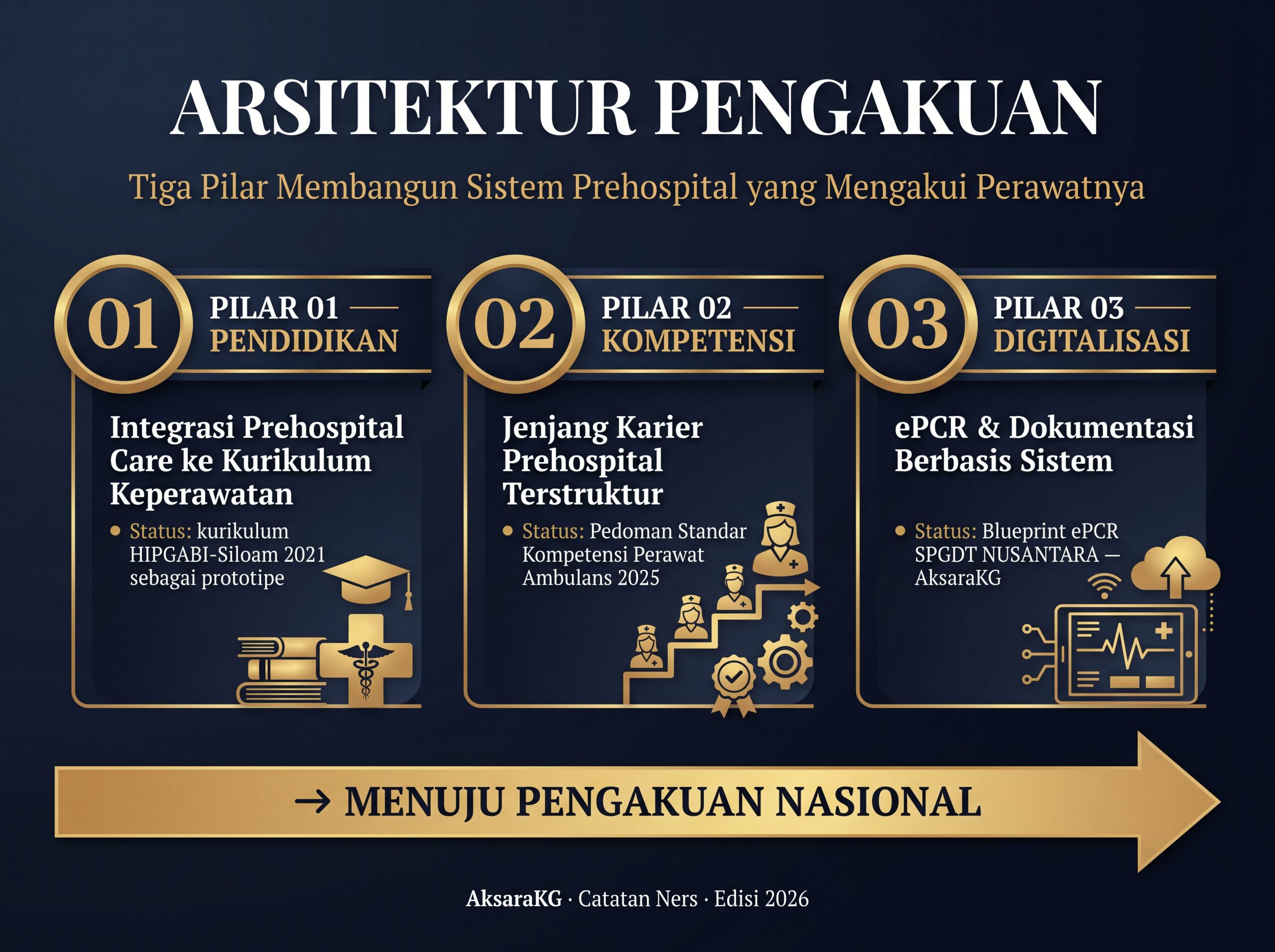 Infografik tiga pilar arsitektur pengakuan: pendidikan, kompetensi, digitalisasi