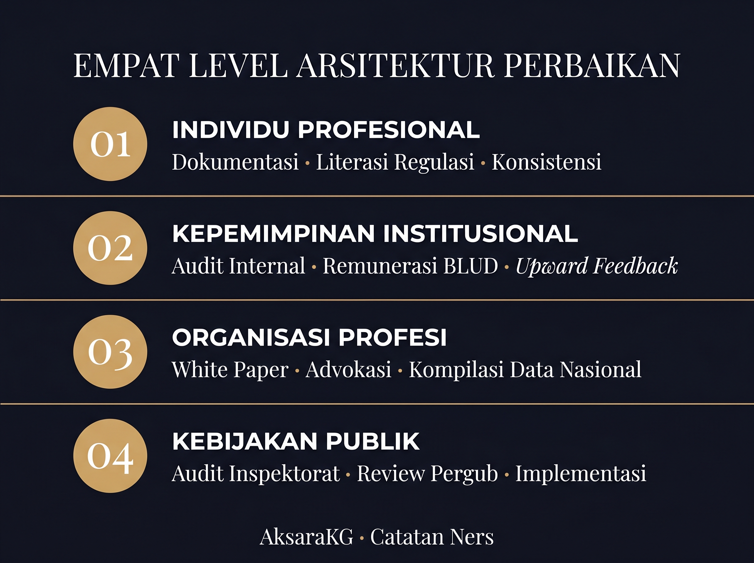 Matriks empat level arsitektur perbaikan: individu, institusi, profesi, kebijakan publik