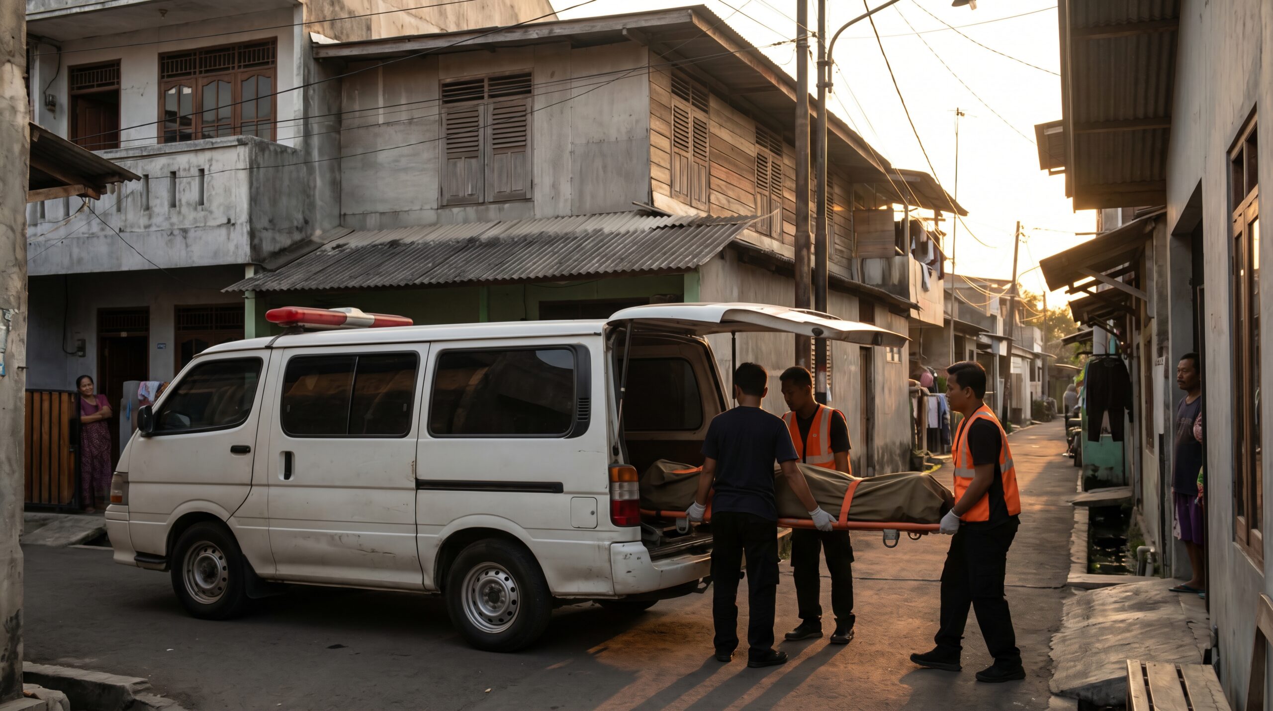 Ambulans komunitas di gang permukiman dengan relawan menyiapkan tandu