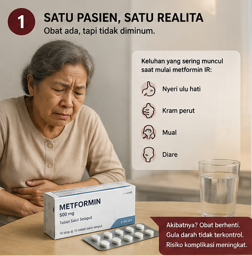 Pasien lanjut usia dengan diabetes mengalami keluhan gastrointestinal setelah menggunakan obat, menggambarkan pentingnya evaluasi toleransi dan kepatuhan terapi.