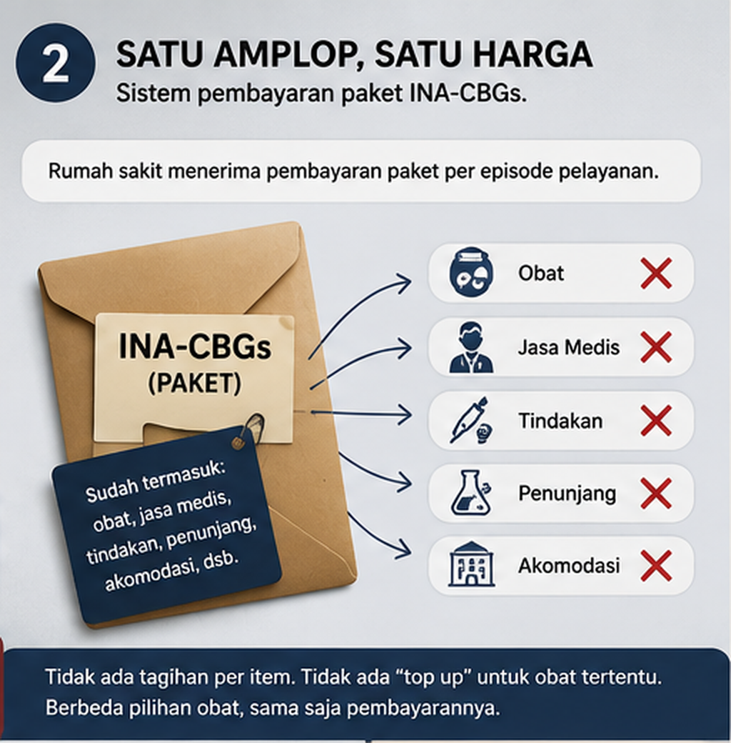 Ilustrasi pembayaran INA-CBG sebagai tarif paket berdasarkan kelompok kasus, bukan penagihan setiap obat, tindakan, dan komponen pelayanan secara terpisah.