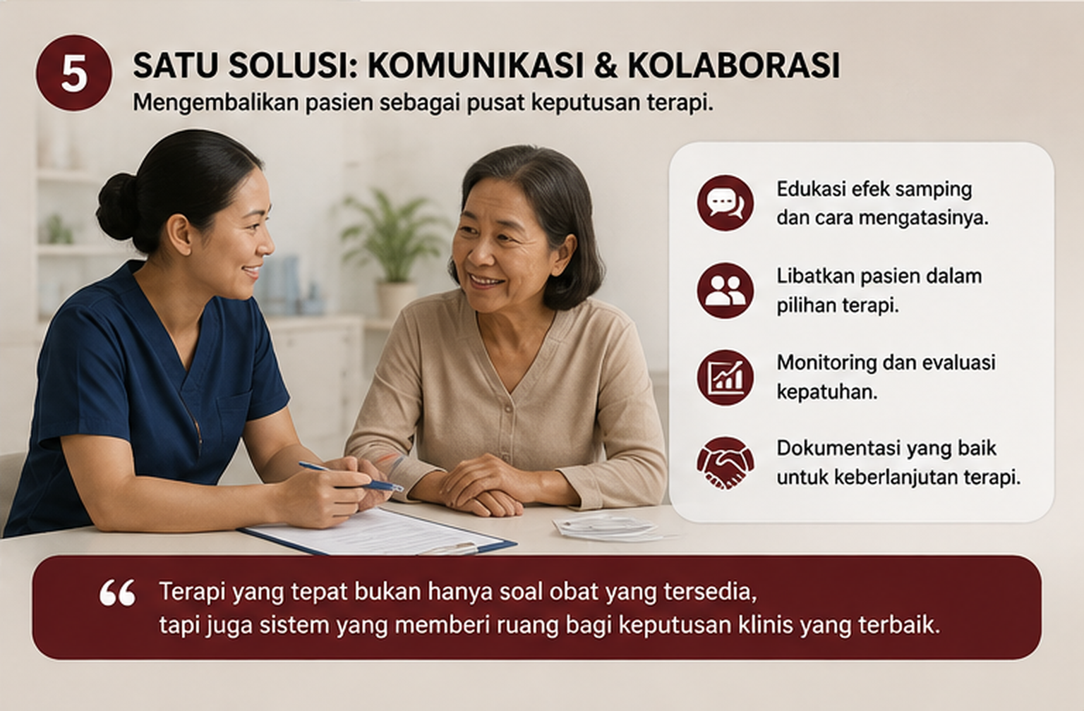 Tenaga kesehatan berdiskusi bersama pasien mengenai pilihan terapi, efek samping, alternatif, dan langkah lanjutan sebagai bagian dari pengambilan keputusan bersama.