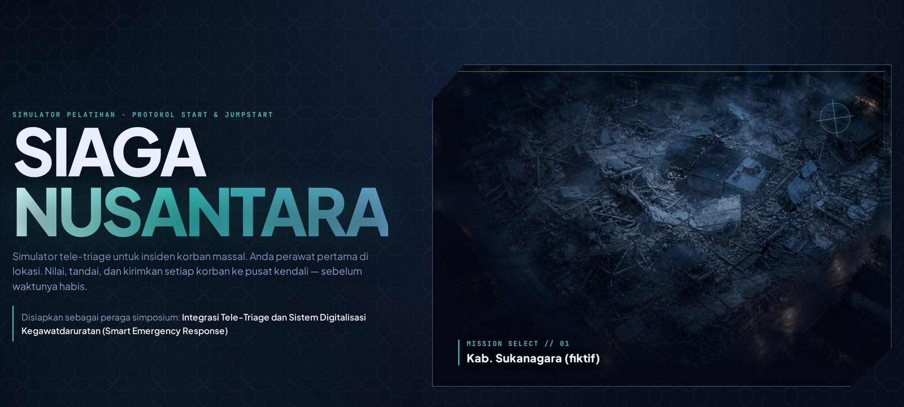 Layar pembuka simulator SIAGA NUSANTARA. Judul produk di sisi kiri, foto udara malam reruntuhan pasar Sukanagara sebagai panel pemilihan misi di sisi kanan.